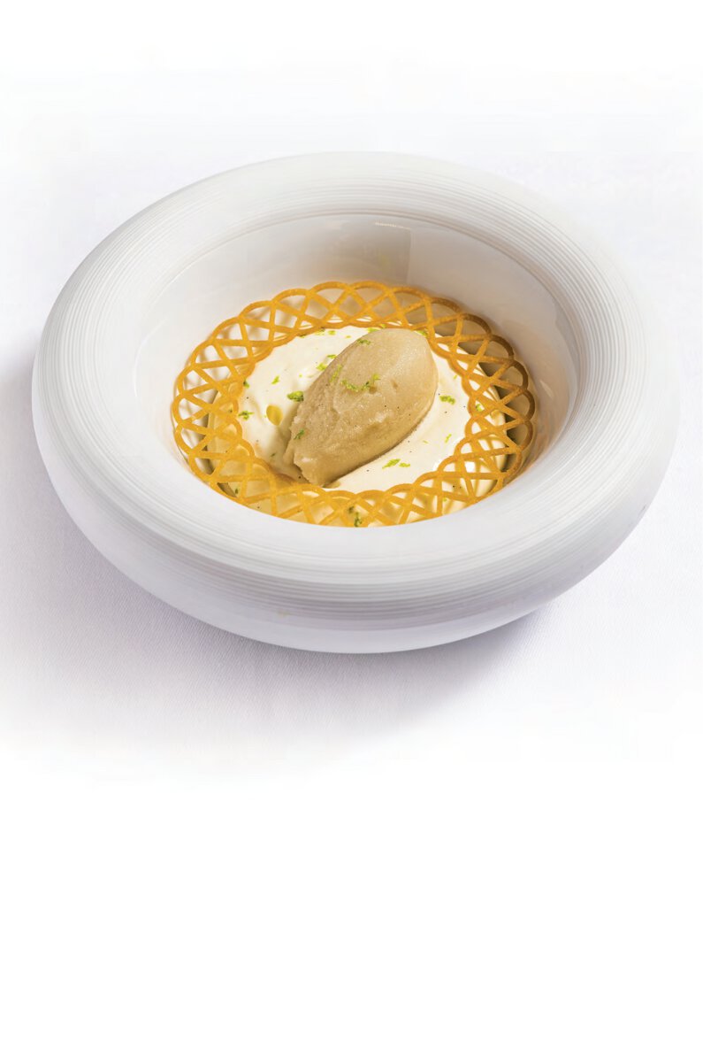 Après dessert : écume vanillée, sorbet au thé oolong