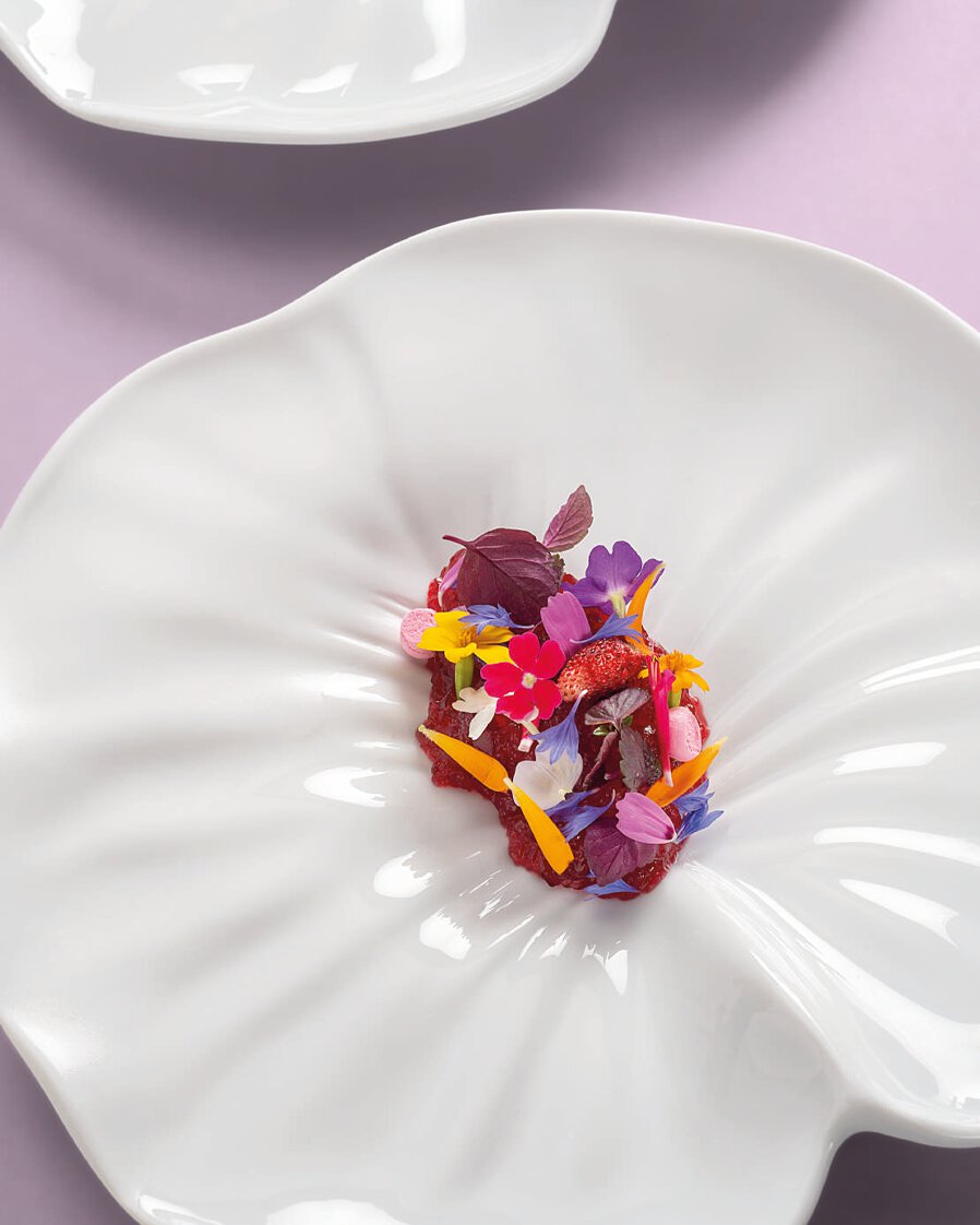 Foie gras, rhubarbe, fleurs