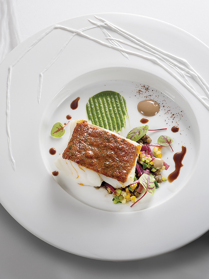 Skrei au beurre de chorizo et salade de lentilles