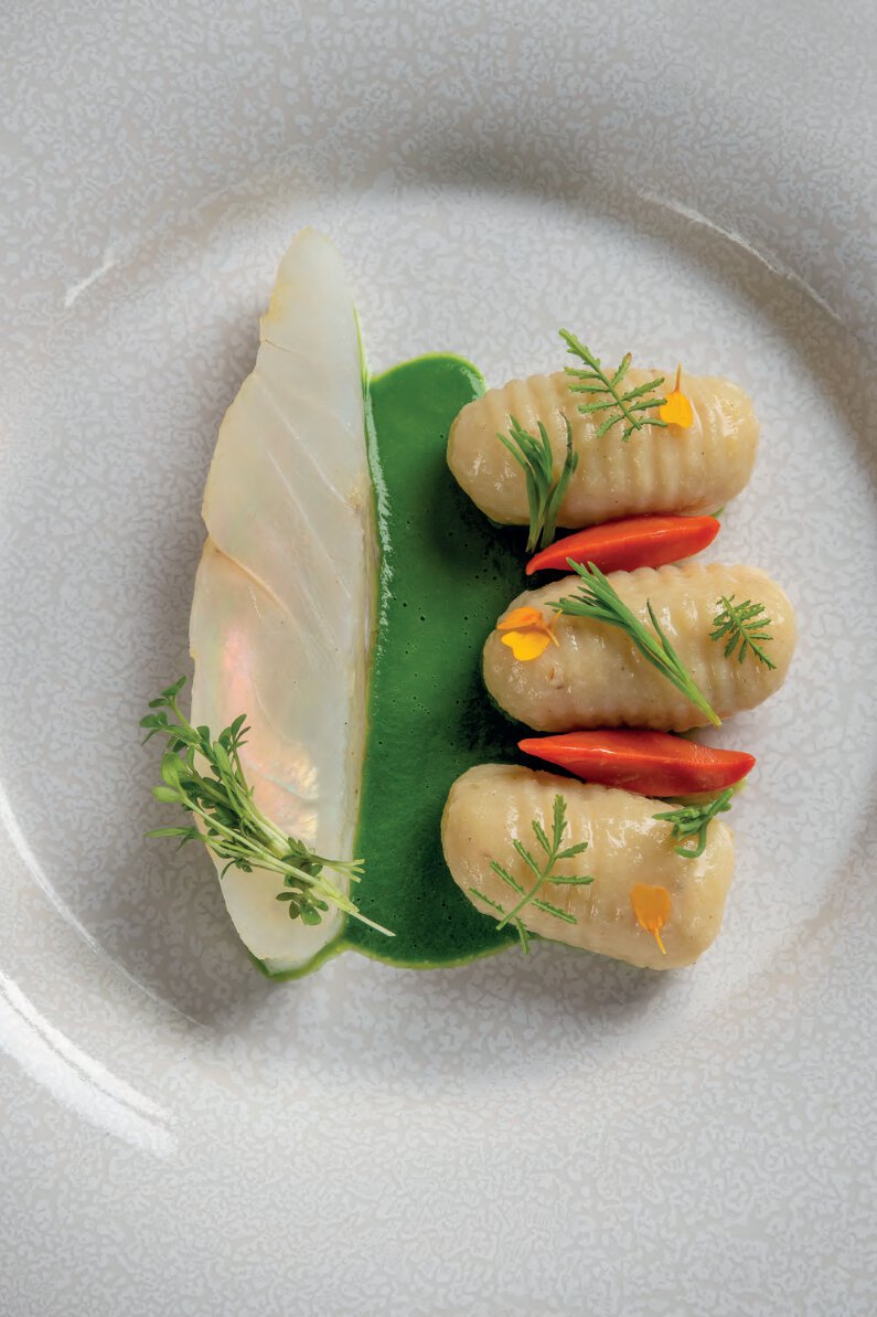 Turbot du croisic, gnocchis oeillet passion, cresson de fontaine
