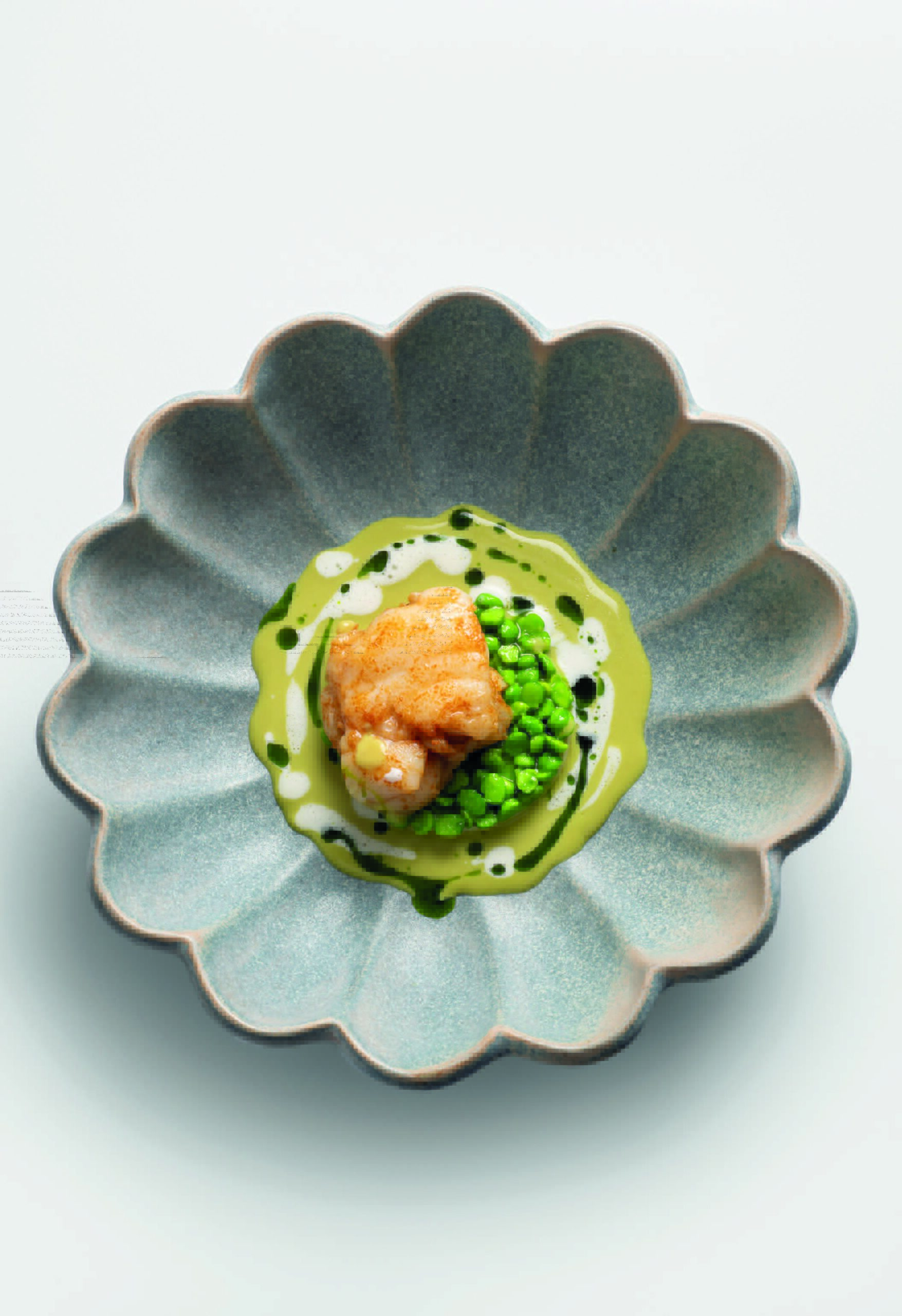 Lotte rôtie, petits pois, haddock