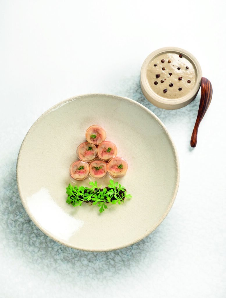 Filet de rouget-barbet cuit au sel radis senmaizuke, crème de lentilles et gelée d’escabèche