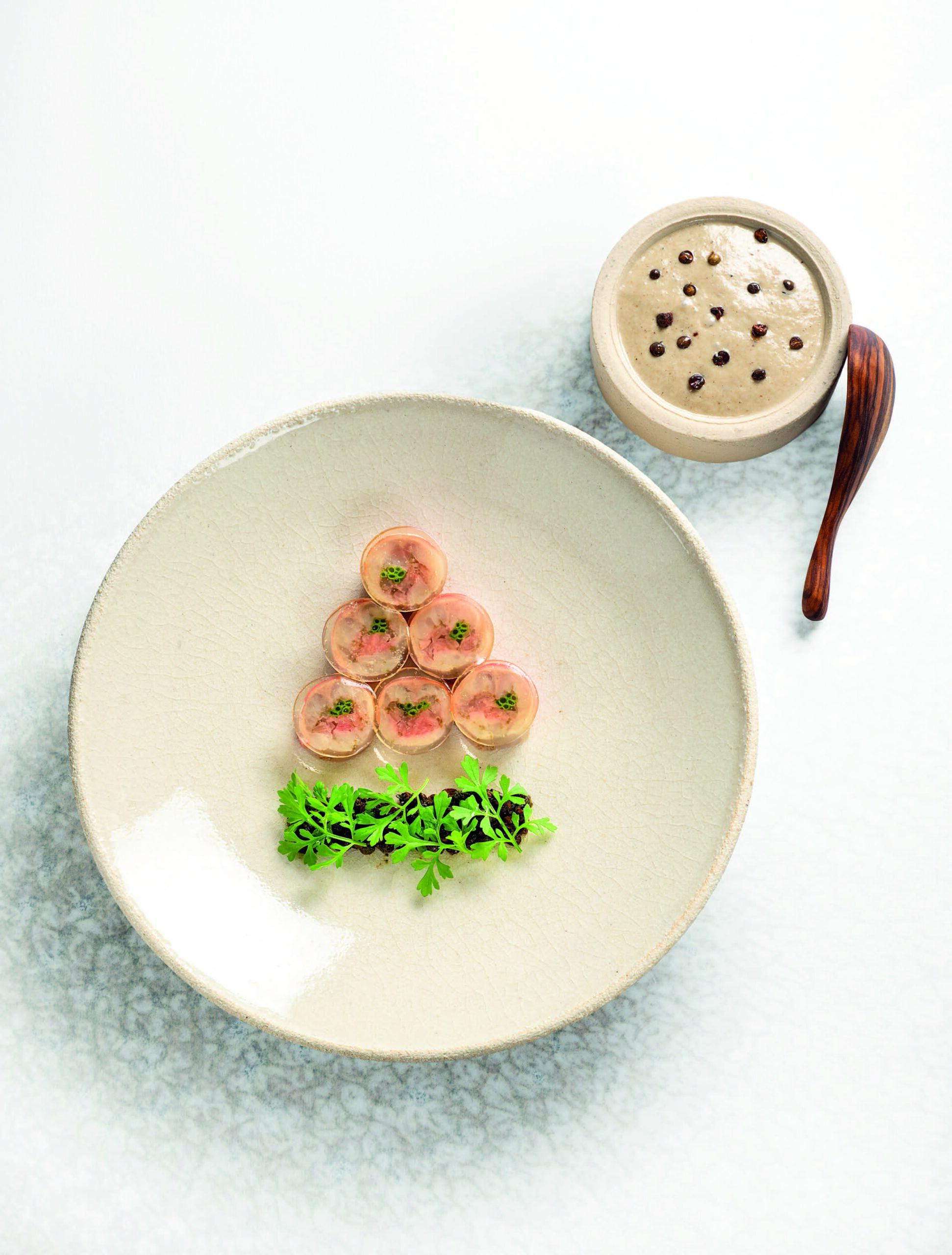 Filet de rouget-barbet cuit au sel radis senmaizuke, crème de lentilles et gelée d’escabèche