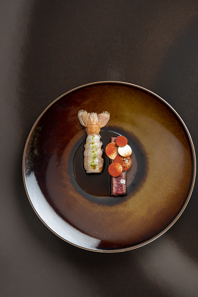Bœuf wagyu, langoustine, sapin baumier
