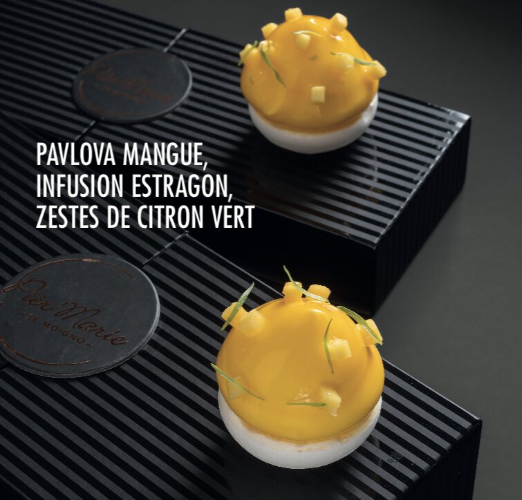 Pavlova mangue, infusion estragon, zestes de citron vert