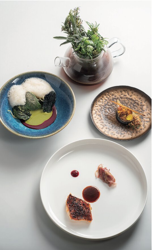 Rouget brûlé au saté, jus de canard verveine, framboise harissa