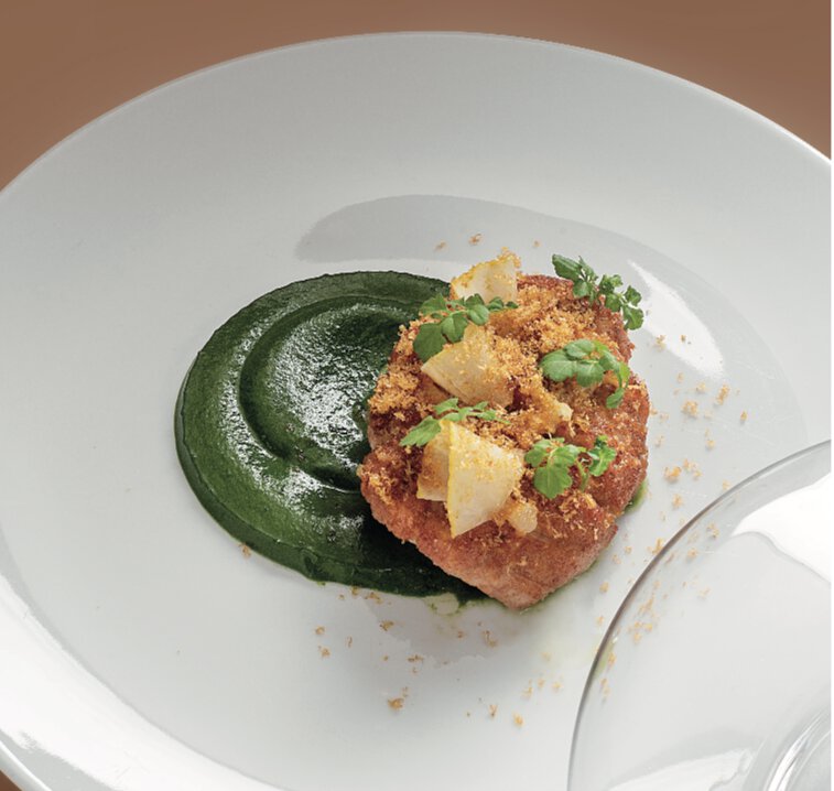 Ris de veau « crousti-fondant » de la maison vadorin doré au sautoir, velours de cresson de méréville au beurre noisette, poutargue et gel de cédrat
