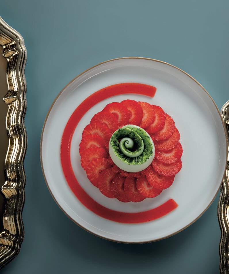 Fraises de carros, crémeux et sorbet à la menthe