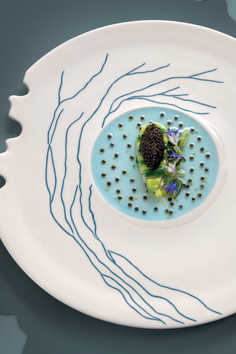 Caviar de sologne, esturgeon cuit au bouillon, haricots verts, sureau