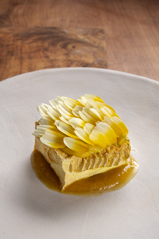 Coeur de courge, purée et aigre-doux de peaux de courge