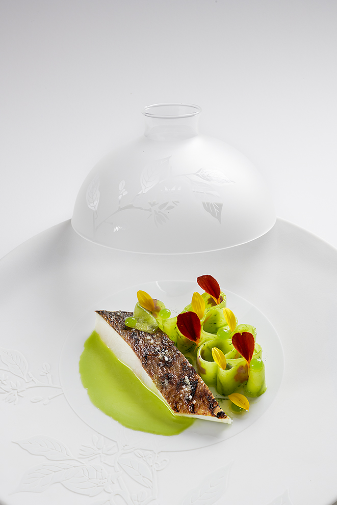 Daurade sur le gril, transparence de concombre et jus épice