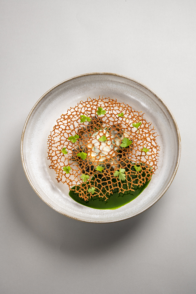 Escargots de la combe des bois et ail, coulis de persil et tuile amandes