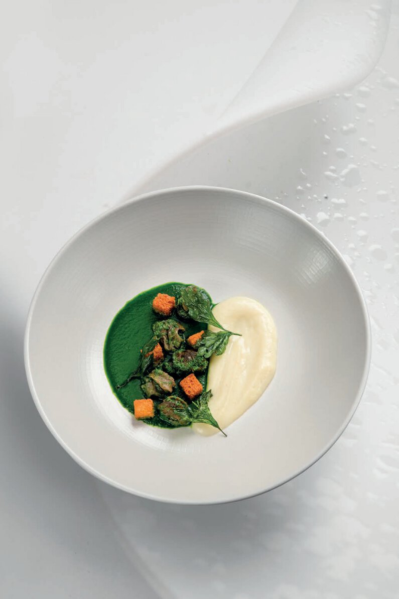 Escargots de montmirey-la-ville, purée d’ail et jus de persil