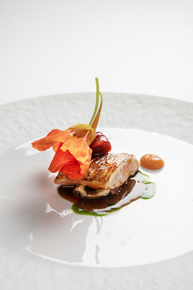 Filet de rouget de roche grillé au binchotan, poivron du gard rôti, poulpe, sauce salmis au foie de rouget