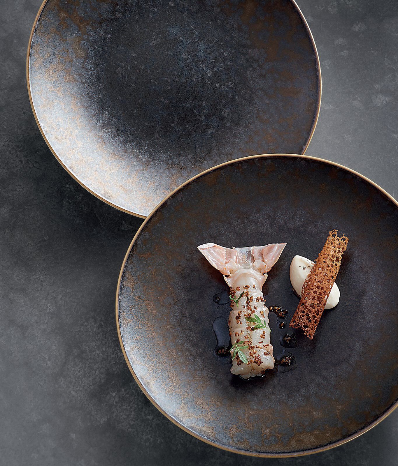 Langoustine Vanille, Tuile sarrasin, blanc-manger des pinces