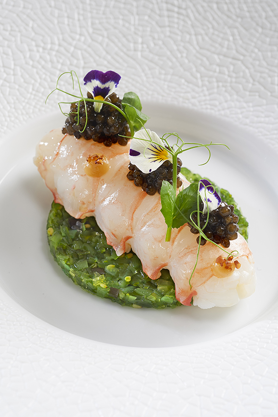 Langoustine à la nage, tartare d&rsquo;algues, crémeux noisette et consommé