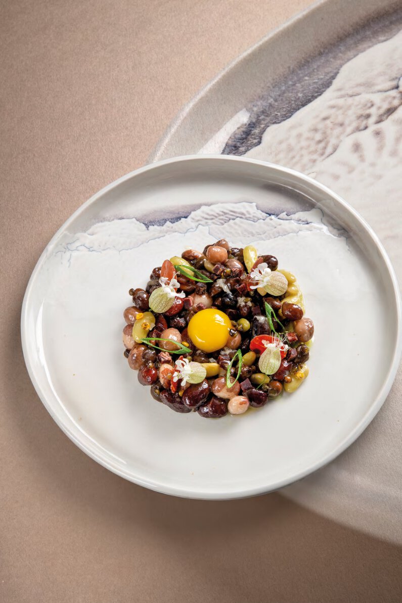 Légumineuses gourmandes, jaune d’oeuf de caille confit
