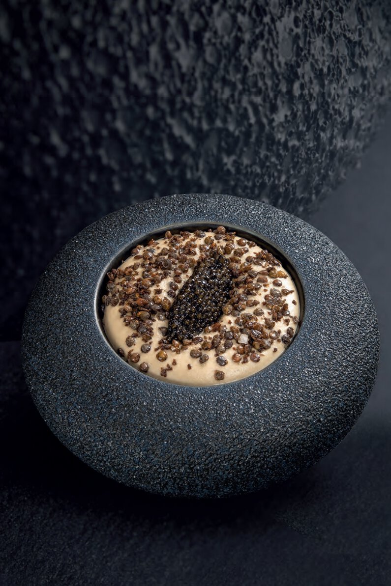 Lentilles vertes de la ferme sain’biose en trois textures, caviar osciètre
