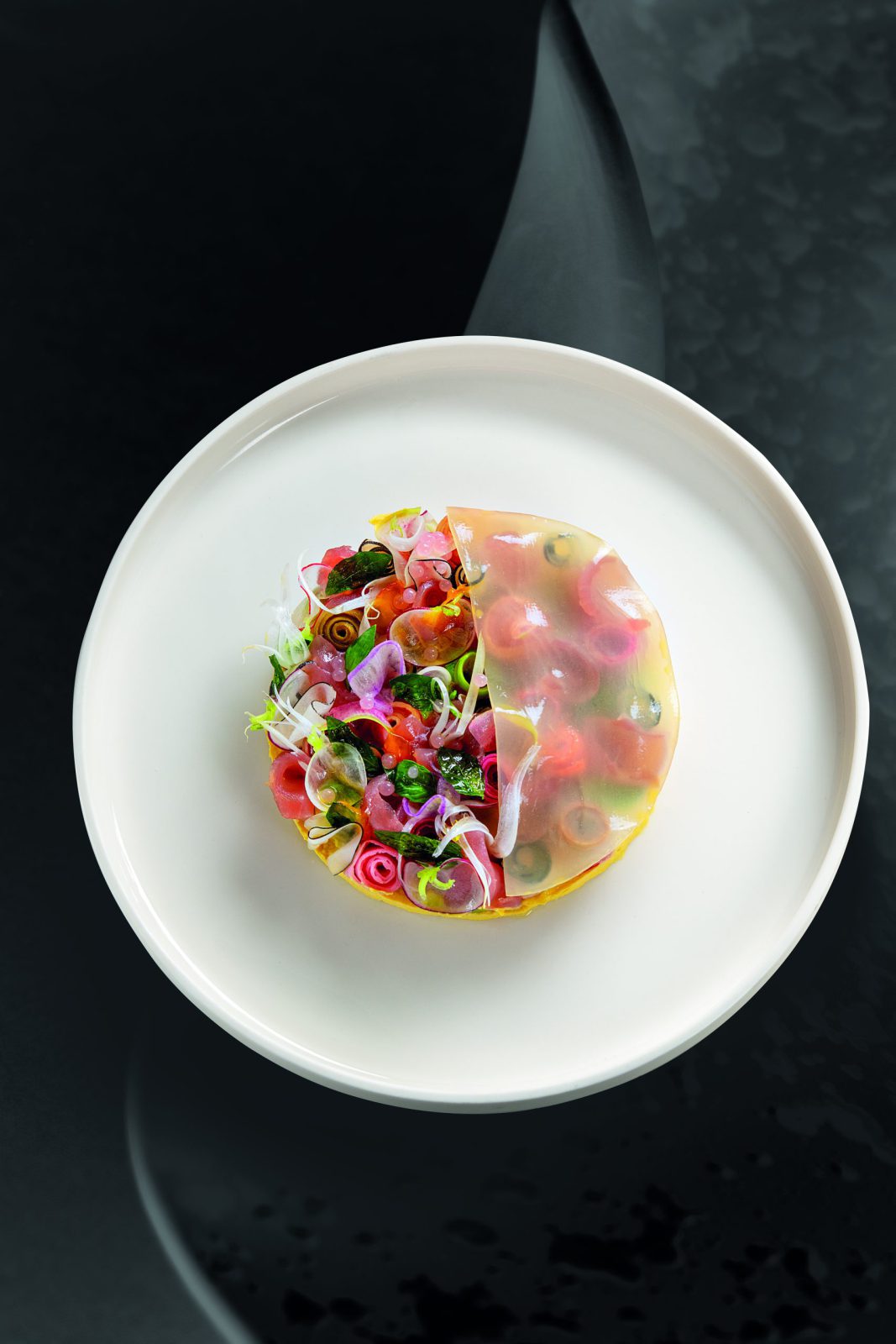 Carpaccio de thon, purée de maïs, gelée au gingembre, radis et basilic thaï
