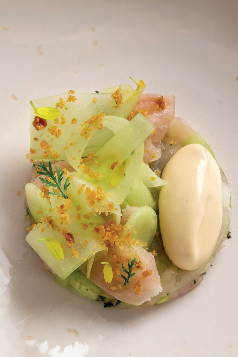 Mulet de loire, concombre, vinaigre de coucou, arêtes croustillantes