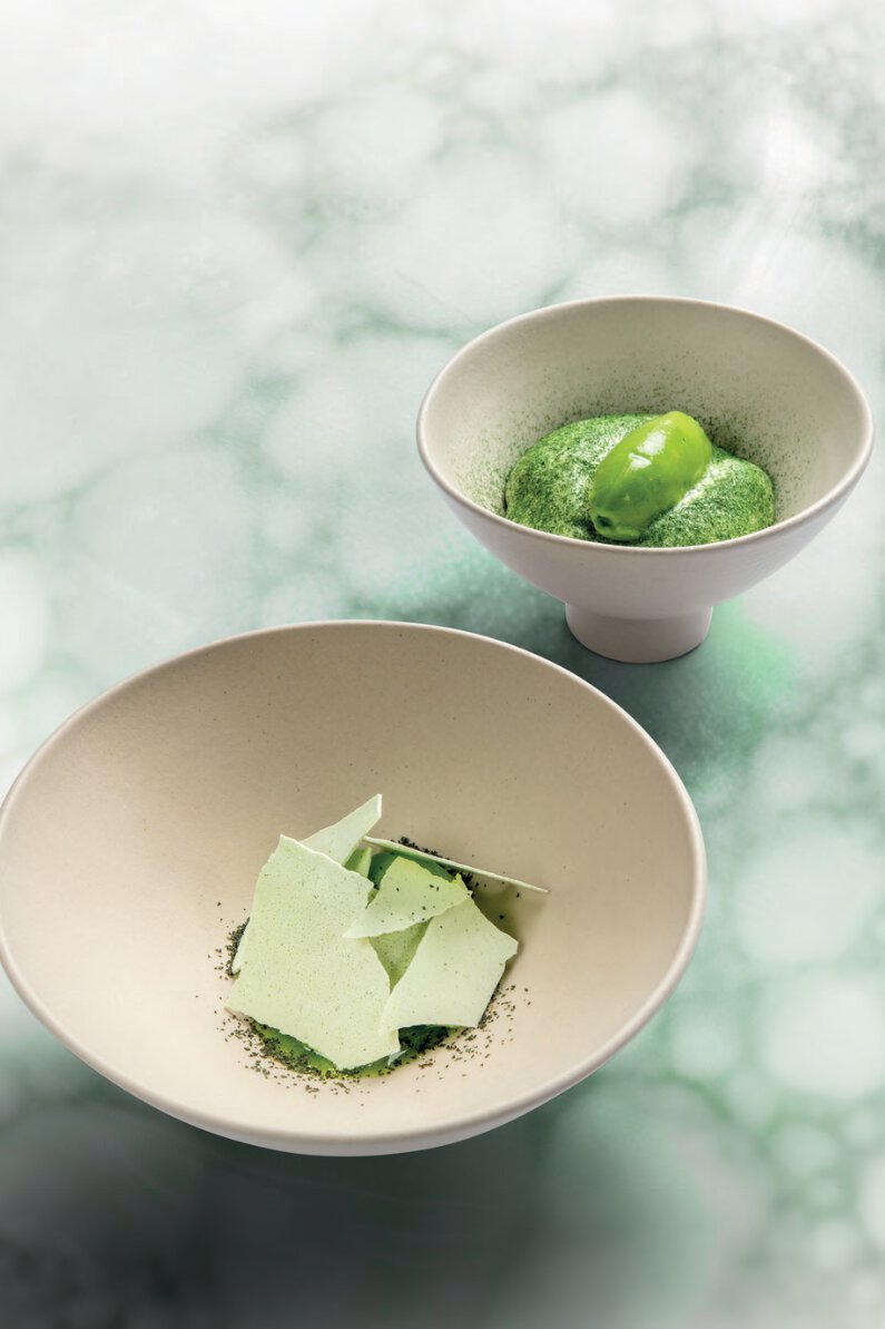 Navet, coco cerfeuil : sorbet, pastillage