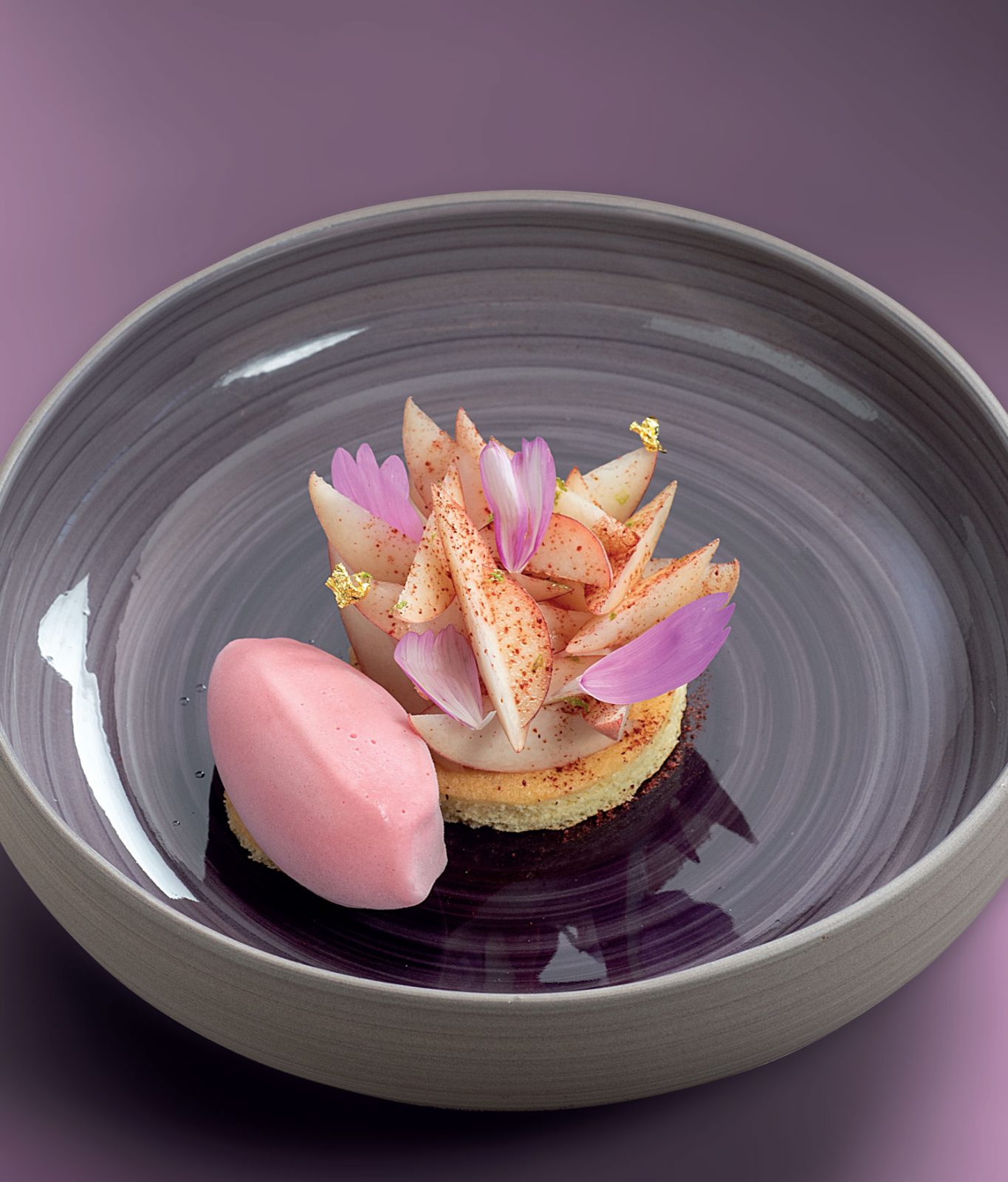 Nuage de pêche, crème légère fromage blanc, infusion verveine