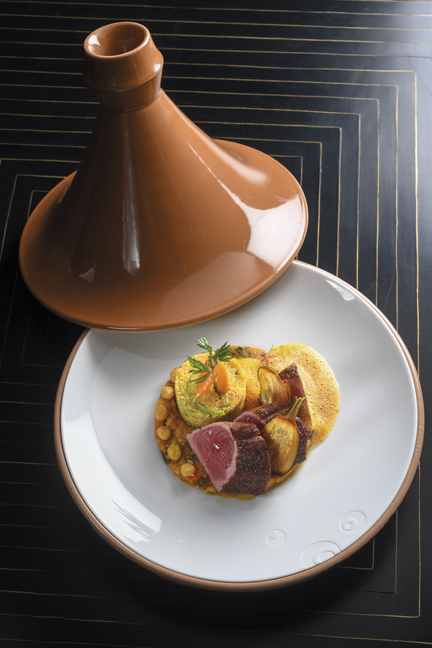 Couscous au thon frais d’Agadir, écrasée et émulsion de légumes à l’huile d’argan