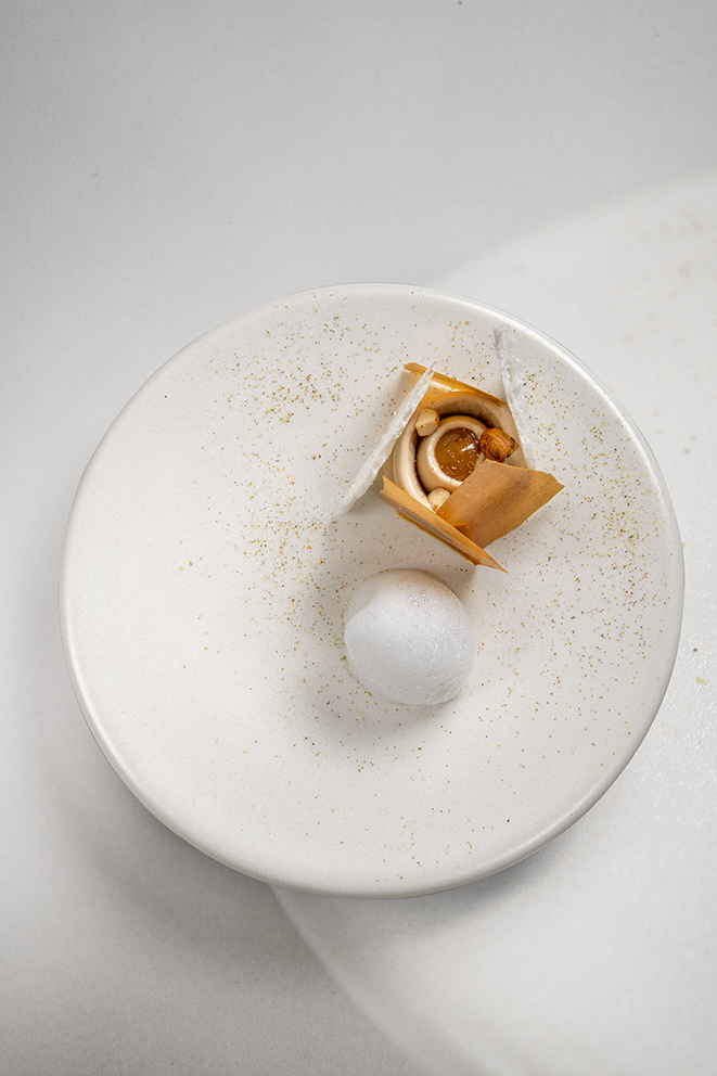 Dessert riz au lait, noisette, reine des prés