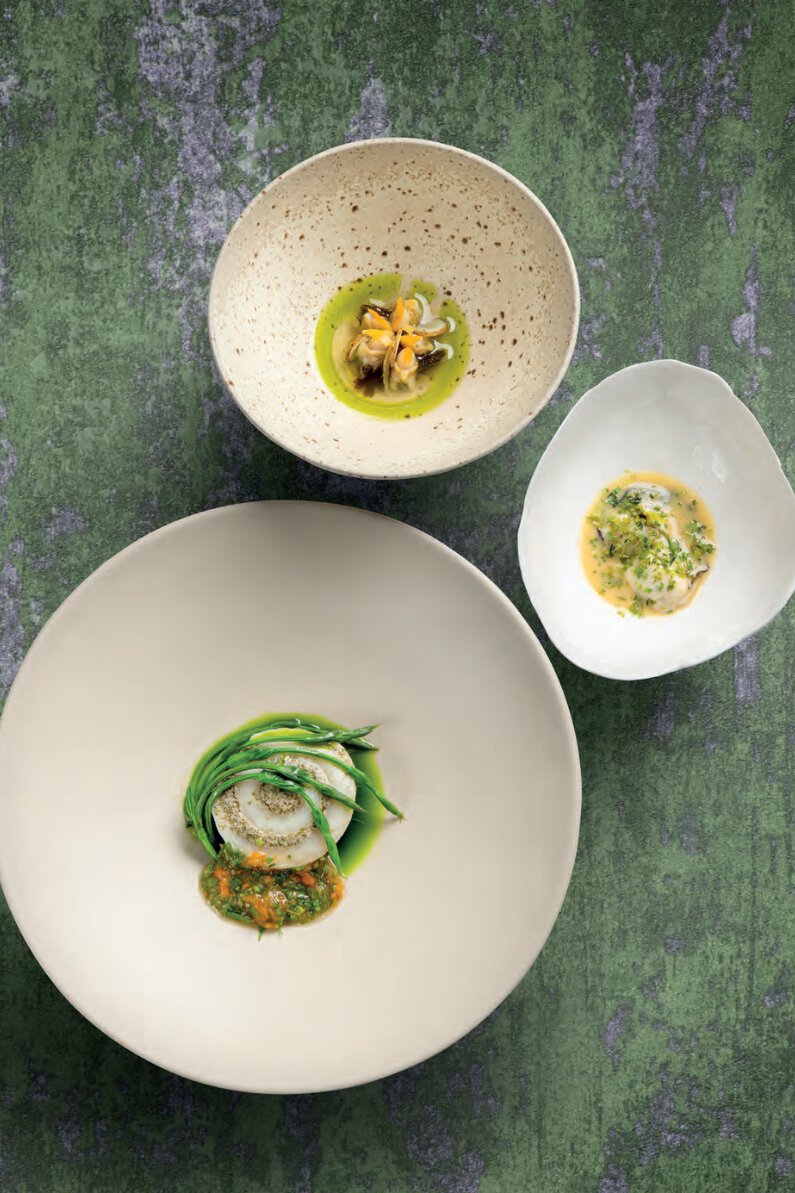 Sole, agrumes et parfums de mer, roulé de sole, cristophine, dashi