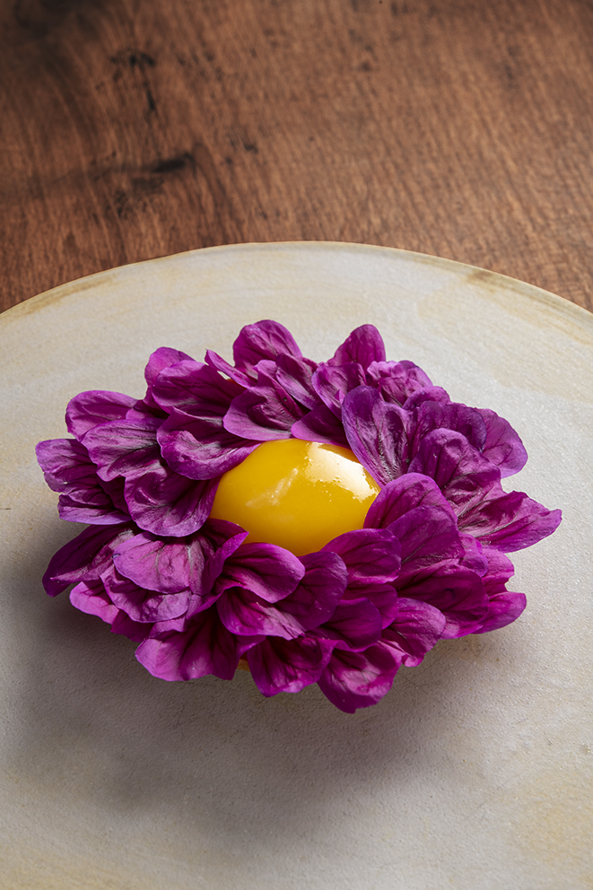 Tartelette mauve, moutarde et oeuf confit