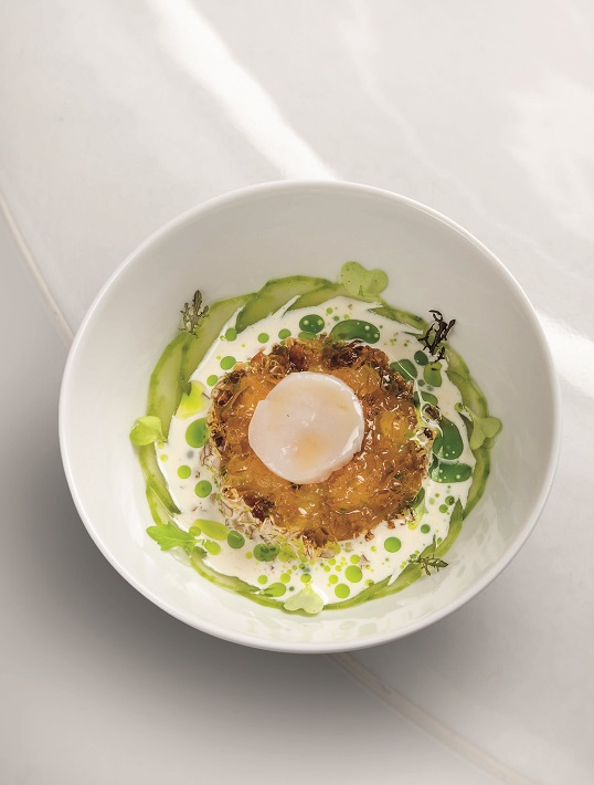 Tartare de saint-jacques, gelée au saké, lait fumé et huile à l’aneth